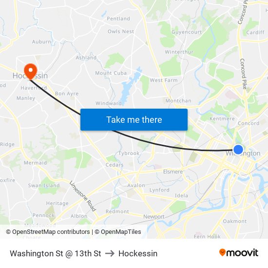 Washington St @ 13th St to Hockessin map