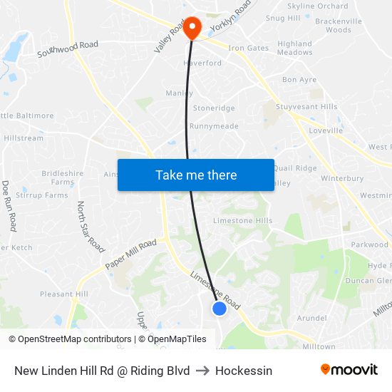 New Linden Hill Rd @ Riding Blvd to Hockessin map