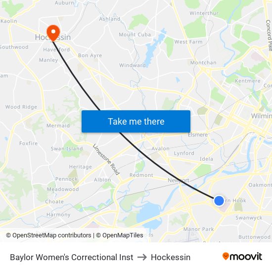 Baylor Women's Correctional Inst to Hockessin map