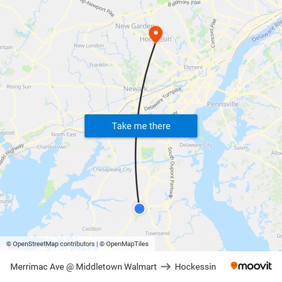 Merrimac Ave @ Middletown Walmart to Hockessin map