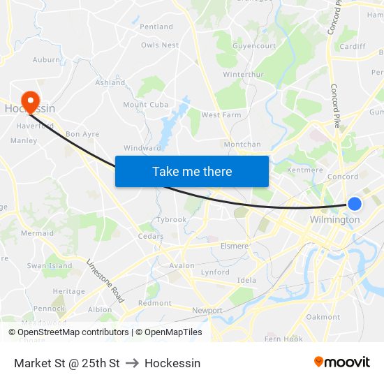 Market St @ 25th St to Hockessin map