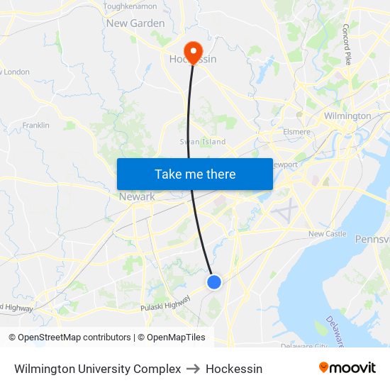 Wilmington University Complex to Hockessin map