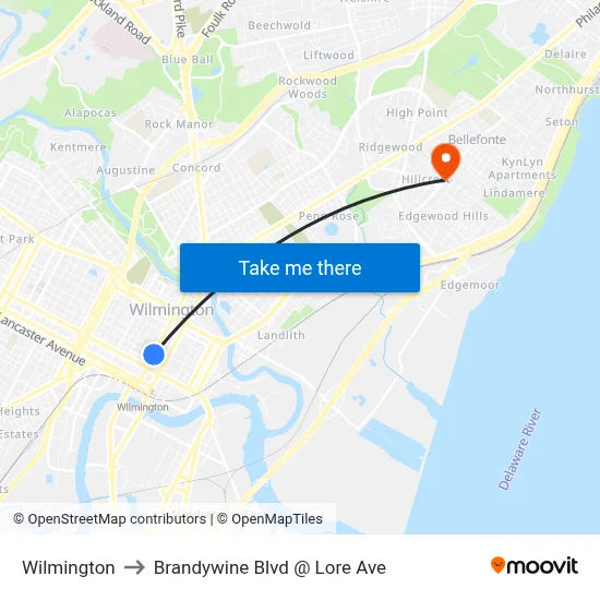 Wilmington to Brandywine Blvd @ Lore Ave map