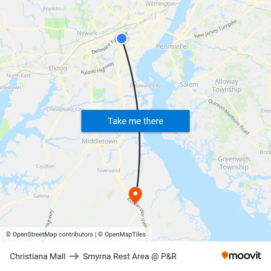 Christiana Mall to Smyrna Rest Area @ P&R map