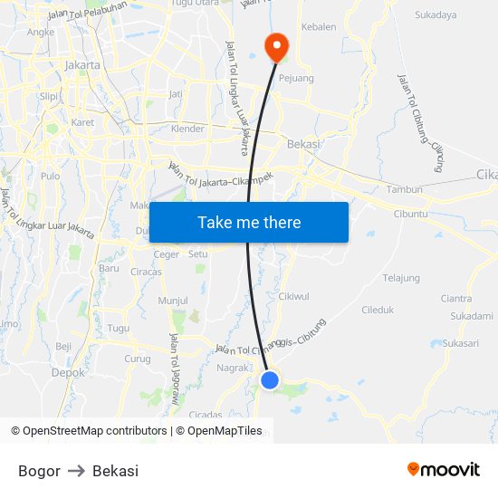 Bogor to Bekasi map