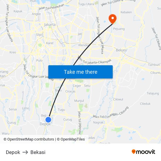 Depok to Bekasi map