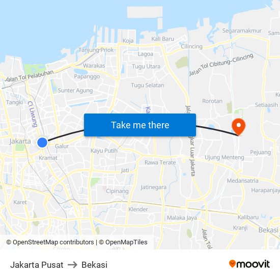 Jakarta Pusat to Bekasi map