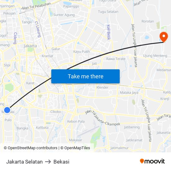 Jakarta Selatan to Bekasi map