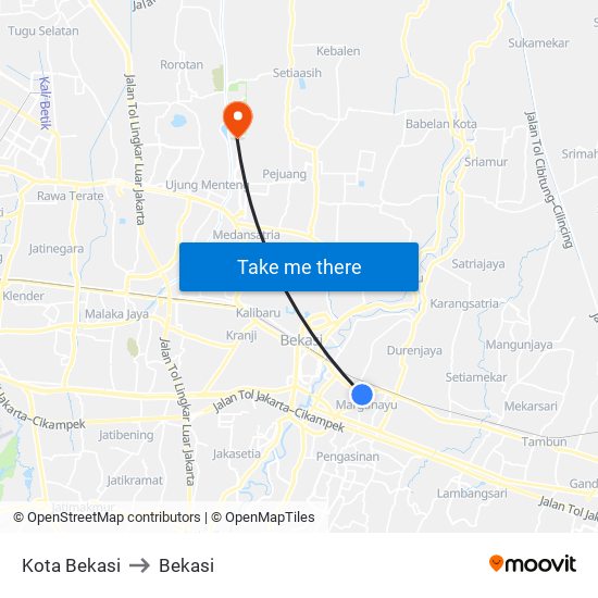 Kota Bekasi to Bekasi map