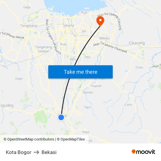 Kota Bogor to Bekasi map