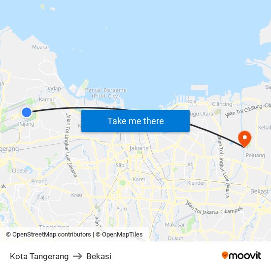 Kota Tangerang to Bekasi map