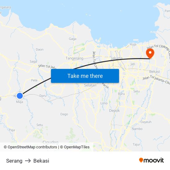 Serang to Bekasi map