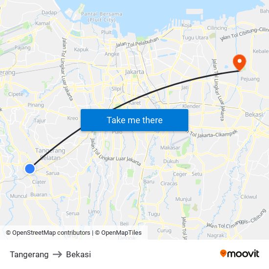 Tangerang to Bekasi map