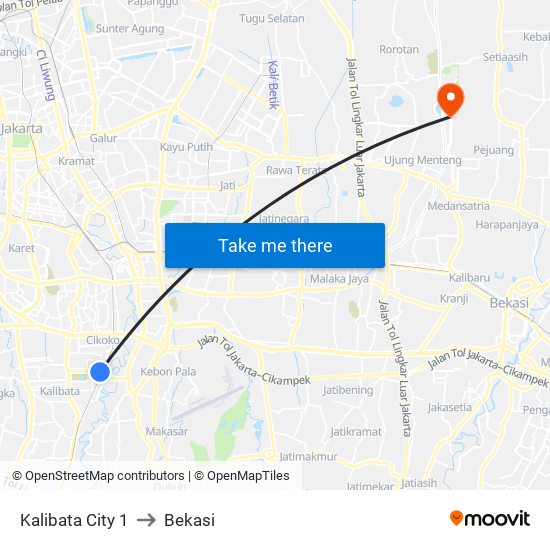 Kalibata City 1 to Bekasi map