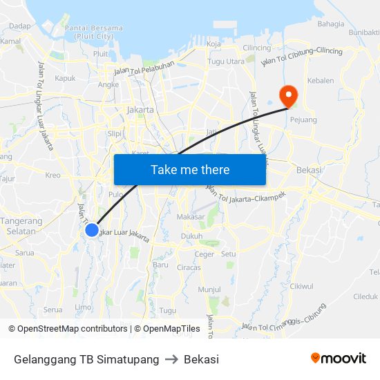 Gelanggang TB Simatupang to Bekasi map