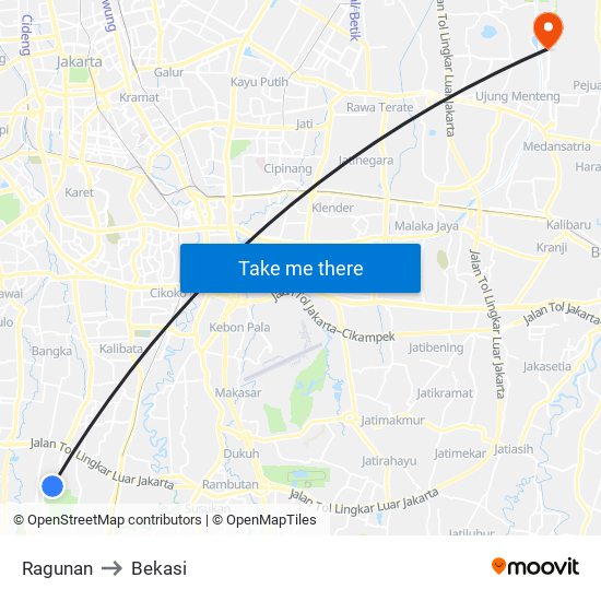 Ragunan to Bekasi map