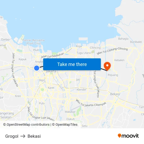 Grogol to Bekasi map