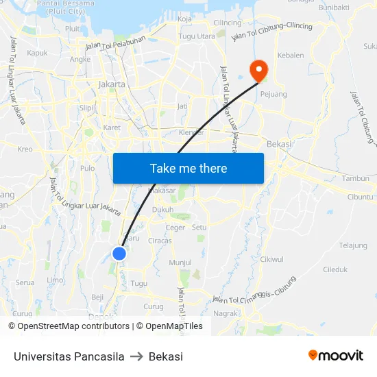 Universitas Pancasila to Bekasi map