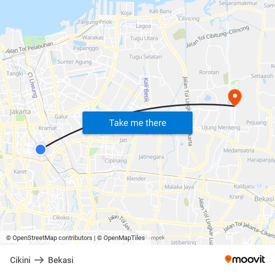 Cikini to Bekasi map