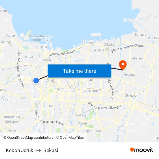 Kebon Jeruk to Bekasi map