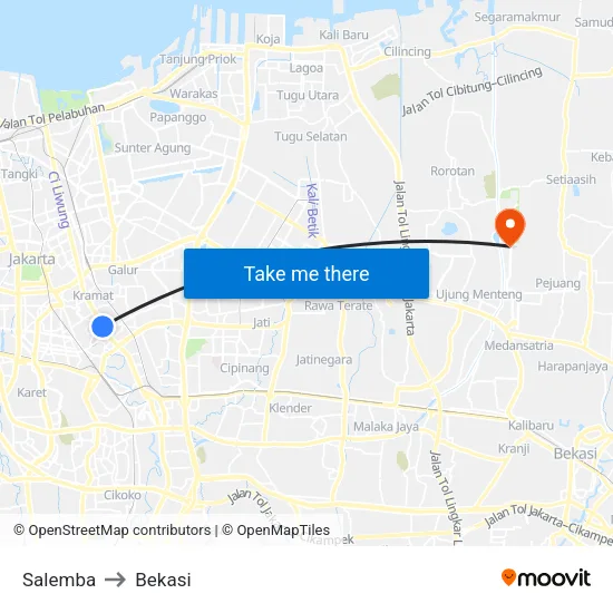 Salemba to Bekasi map