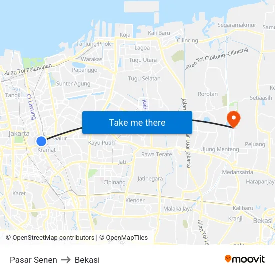 Pasar Senen to Bekasi map