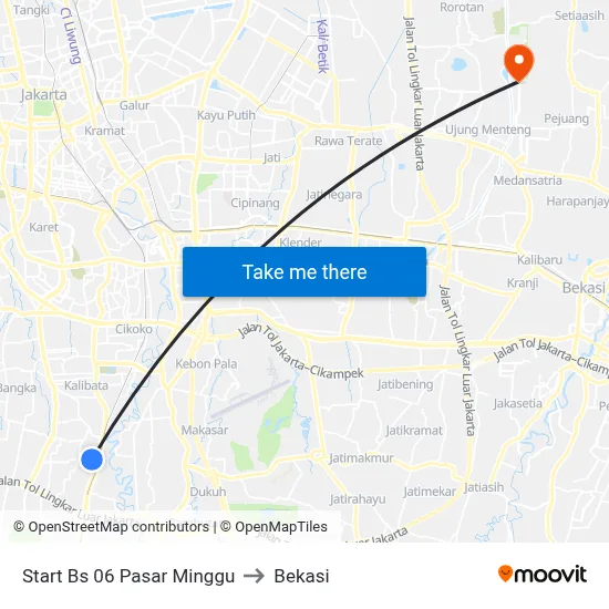 Start Bs 06 Pasar Minggu to Bekasi map