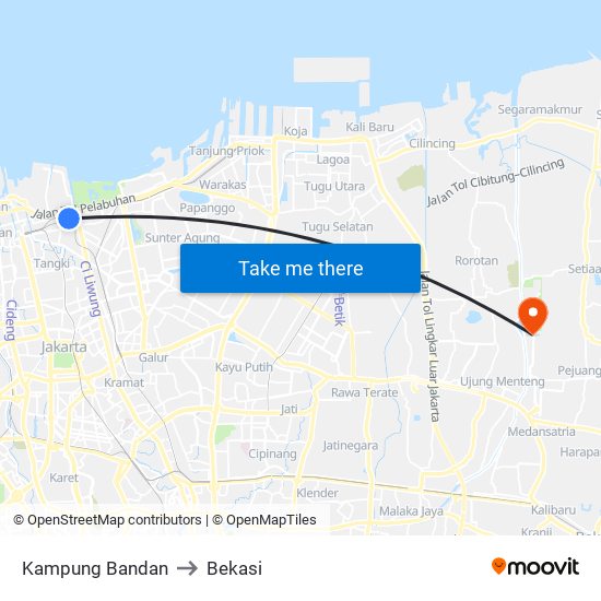 Kampung Bandan to Bekasi map