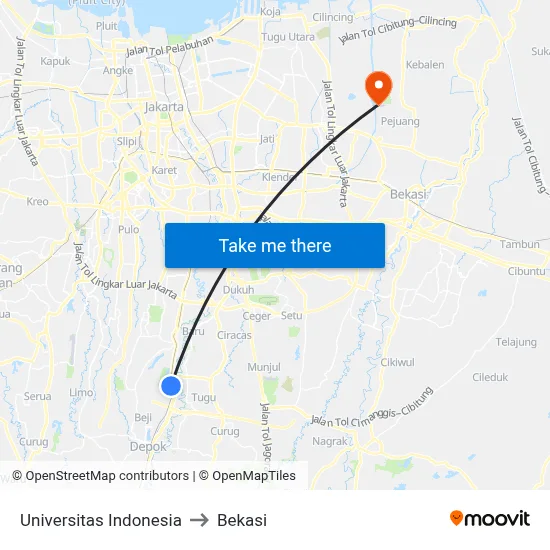 Universitas Indonesia to Bekasi map