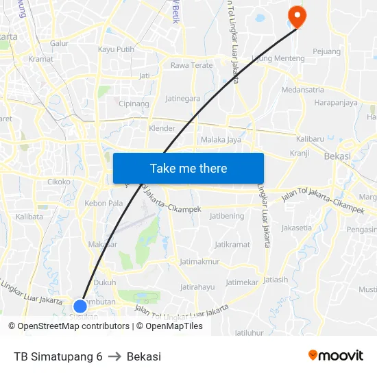 TB Simatupang 6 to Bekasi map