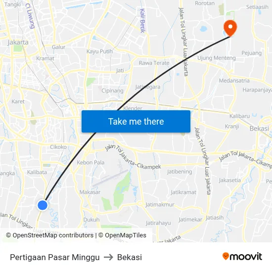 Pertigaan Pasar Minggu to Bekasi map