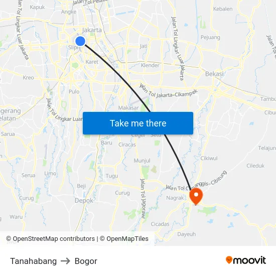 Tanahabang to Bogor map