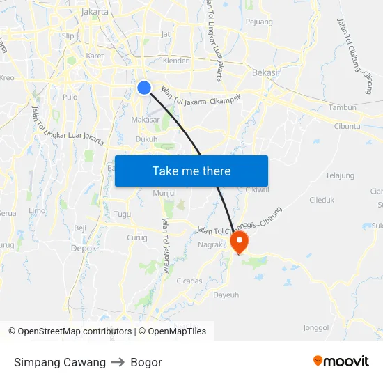 Simpang Cawang to Bogor map