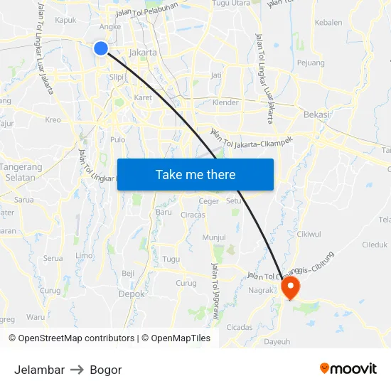 Jelambar to Bogor map