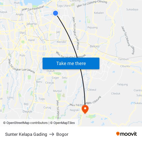 Sunter Kelapa Gading to Bogor map