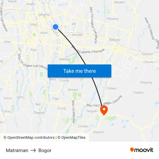 Matraman to Bogor map