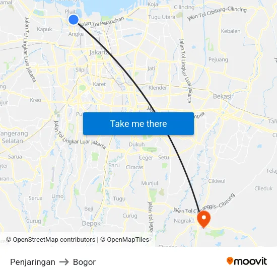 Penjaringan to Bogor map