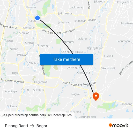 Pinang Ranti to Bogor map