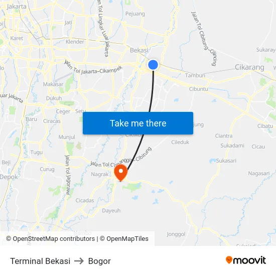 Terminal Bekasi to Bogor map