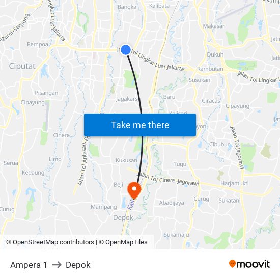 Ampera 1 to Depok map