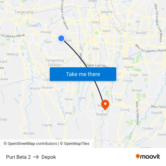 Puri Beta 2 to Depok map