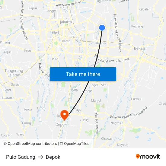 Pulo Gadung to Depok map