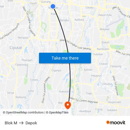 Blok M to Depok map