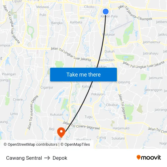 Cawang Sentral to Depok map