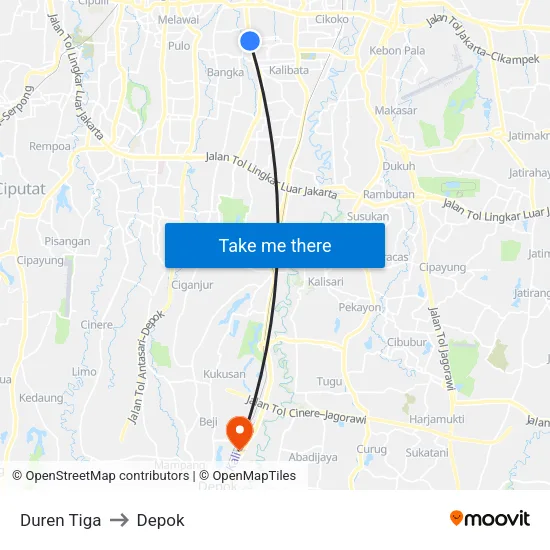 Duren Tiga to Depok map