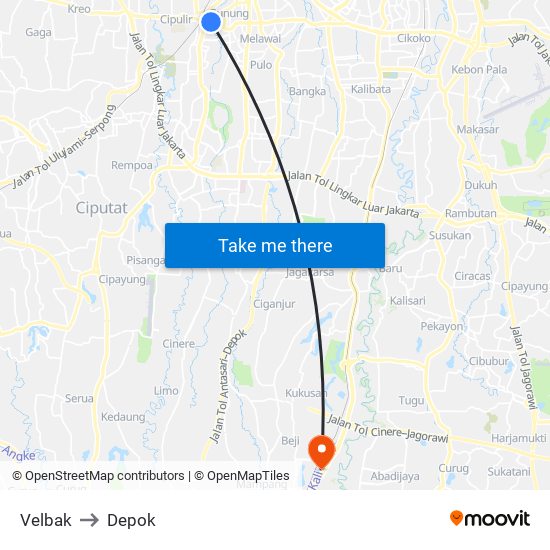 Velbak to Depok map