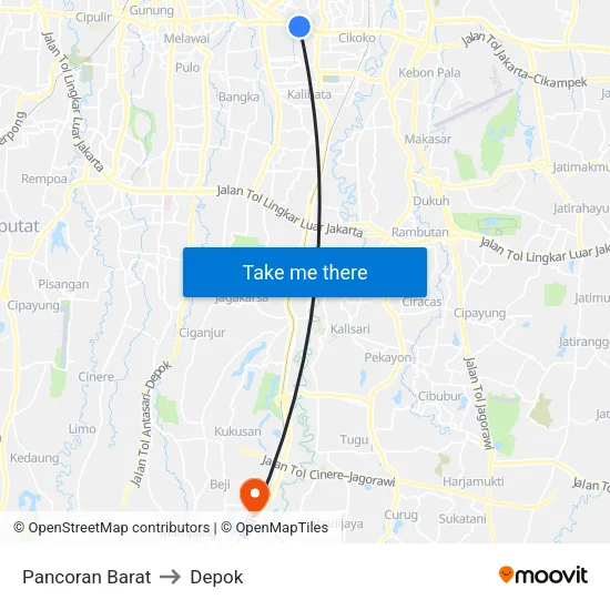 Pancoran Barat to Depok map