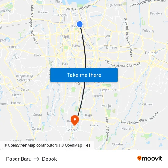 Pasar Baru to Depok map