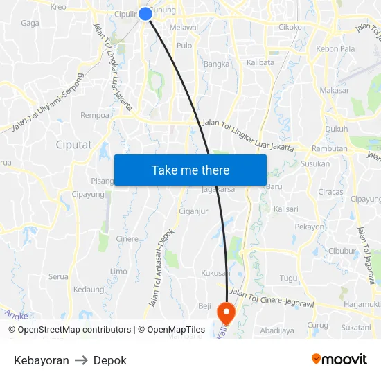 Kebayoran to Depok map