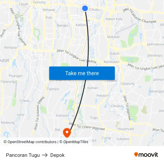 Pancoran Tugu to Depok map